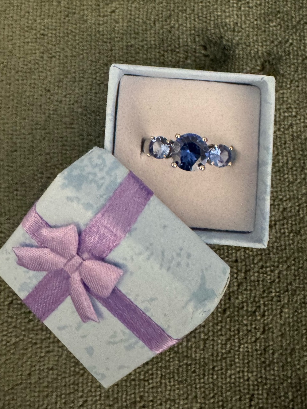 Three-Stone Blue Gem Ring in Silver-Tone